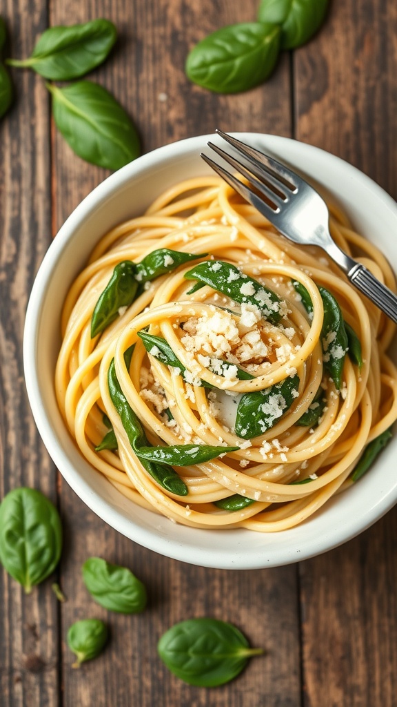 Creamy spinach pasta in a bowl, garnished with Parmesan cheese, on a rustic table.